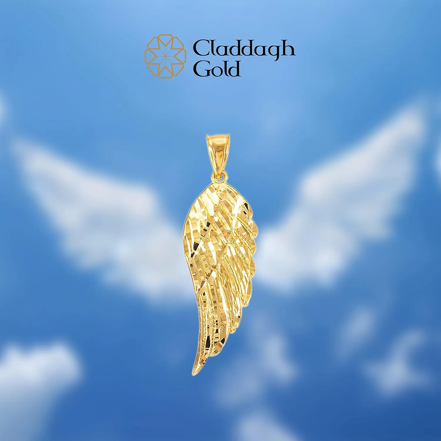 10K Gold Textured Single Angel Wing Charm Pendant - Choice of Metal