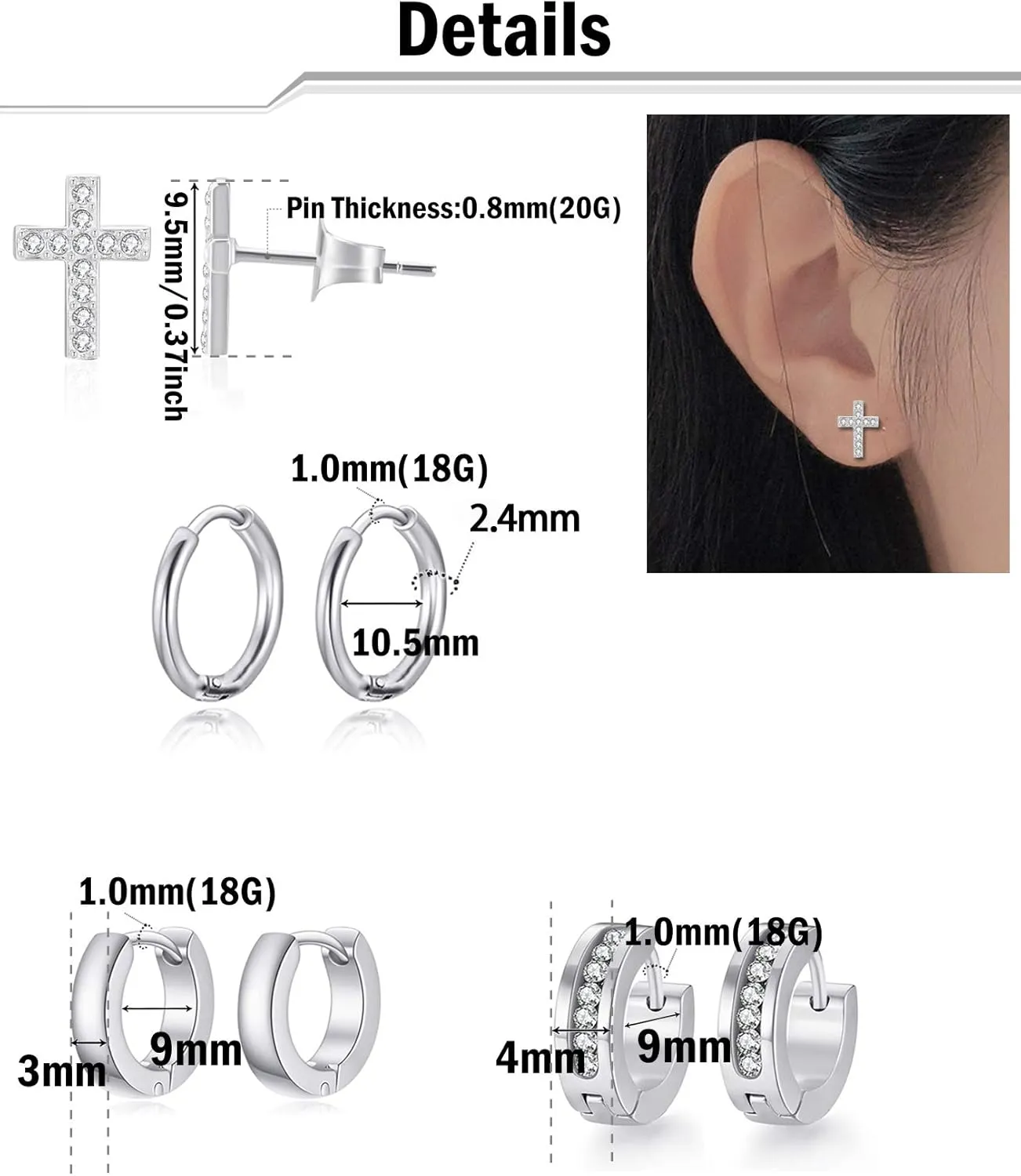 11 Pairs Stainless Steel Stud Earrings Huggie Hoop Earrings CZ Inlaid Geometric Earrings Set Moon Ball Triangle Clear CZ Stud for Womens Silver Rose Gold Tone