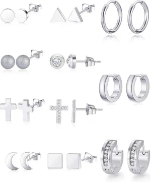 11 Pairs Stainless Steel Stud Earrings Huggie Hoop Earrings CZ Inlaid Geometric Earrings Set Moon Ball Triangle Clear CZ Stud for Womens Silver Rose Gold Tone