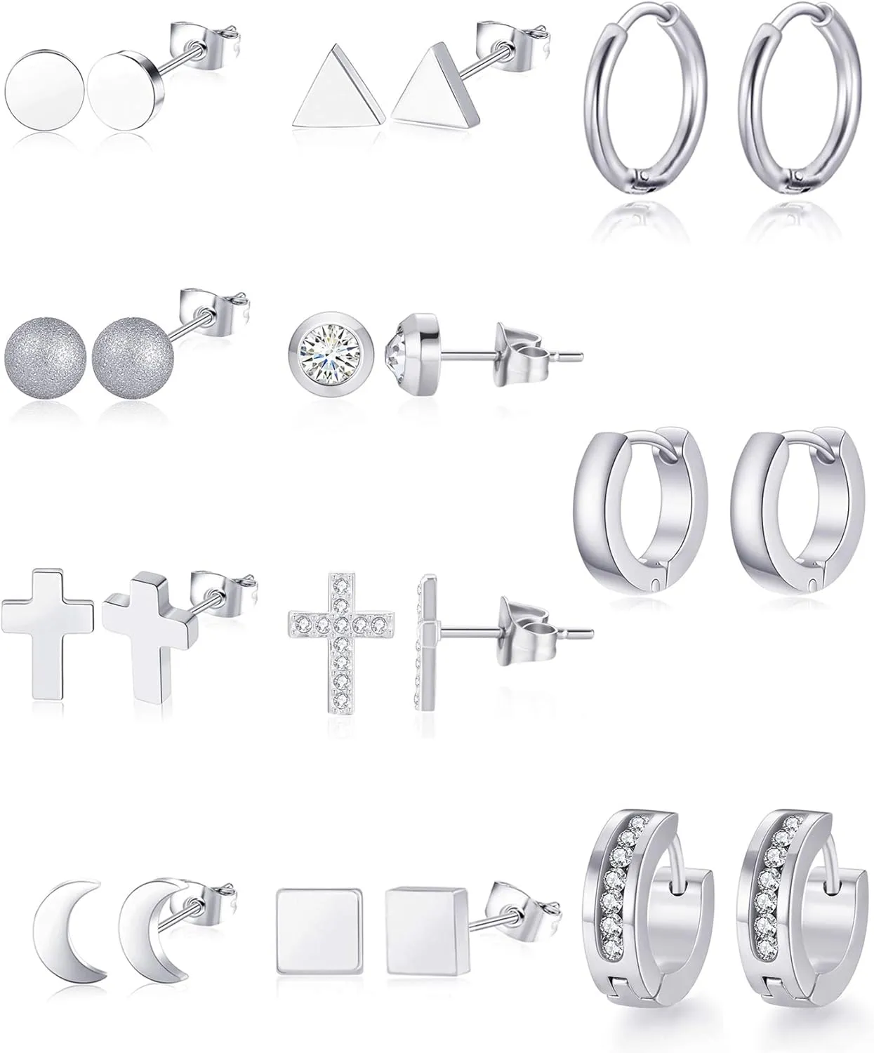 11 Pairs Stainless Steel Stud Earrings Huggie Hoop Earrings CZ Inlaid Geometric Earrings Set Moon Ball Triangle Clear CZ Stud for Womens Silver Rose Gold Tone
