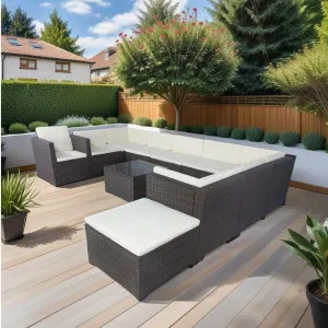 11 Piece Patio Wicker Conversation Set, 10 Seater Patio Sectional Set With 3 Storage Box Under Seat - Brown / White by Couch.com