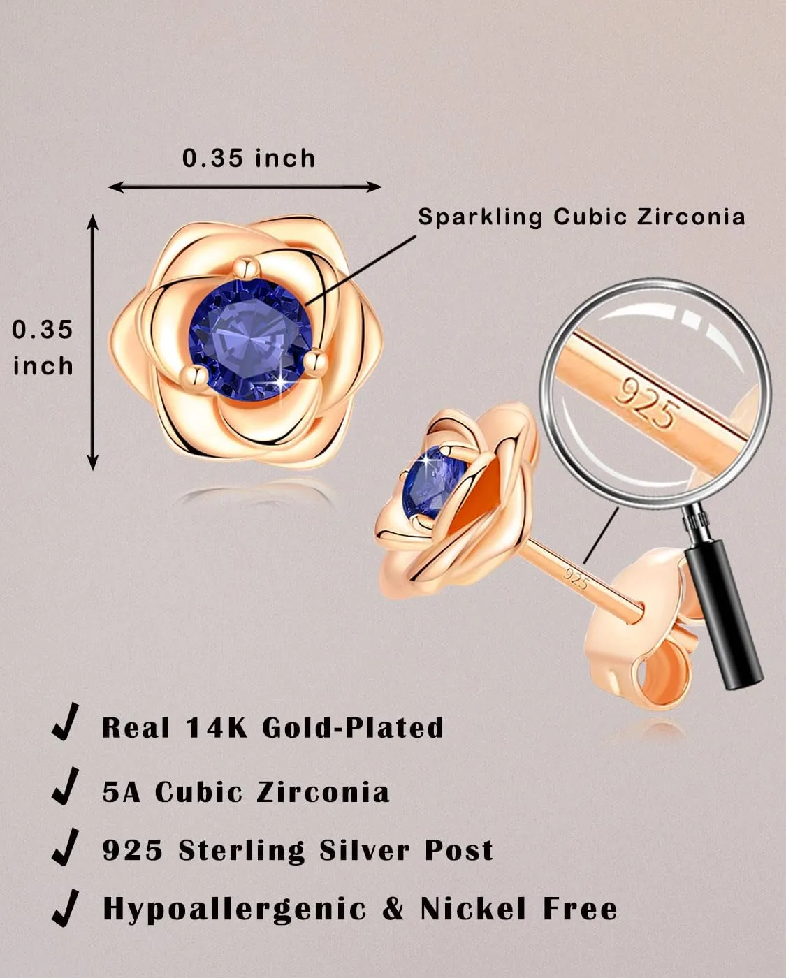 14K Gold Plated 925 Sterling Silver Post Rose Flower Stud Earrings for Women Birthstone Cubic Zirconia Studs Earrings Hypoallergenic & Nickel Free Jewelry