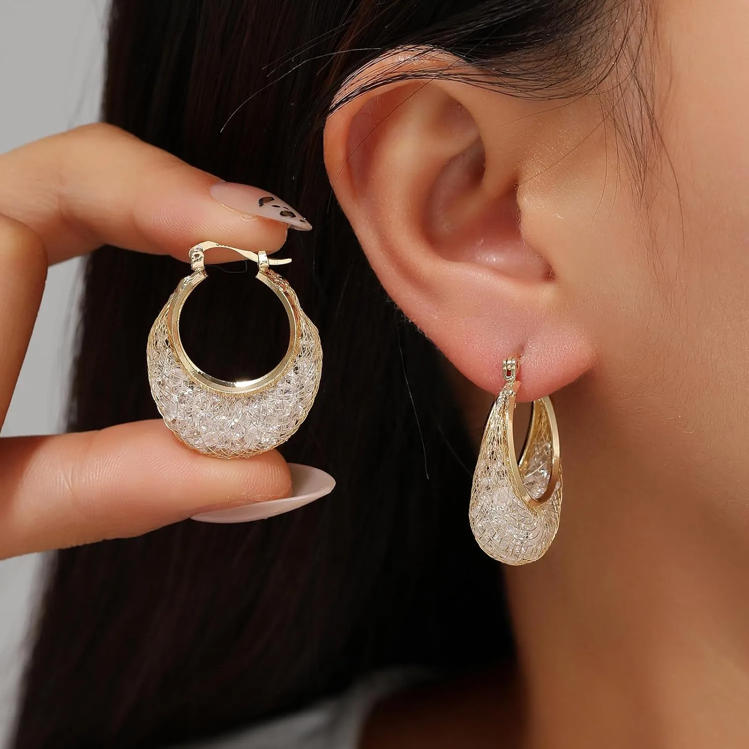 14k Gold Plated Diamond Hoop Earrings for Women, 23mm-25mm Hypoallergenic Huggie with Lightweight Cubic Zirconia in Mesh Design, 925 Sterling Silver Post