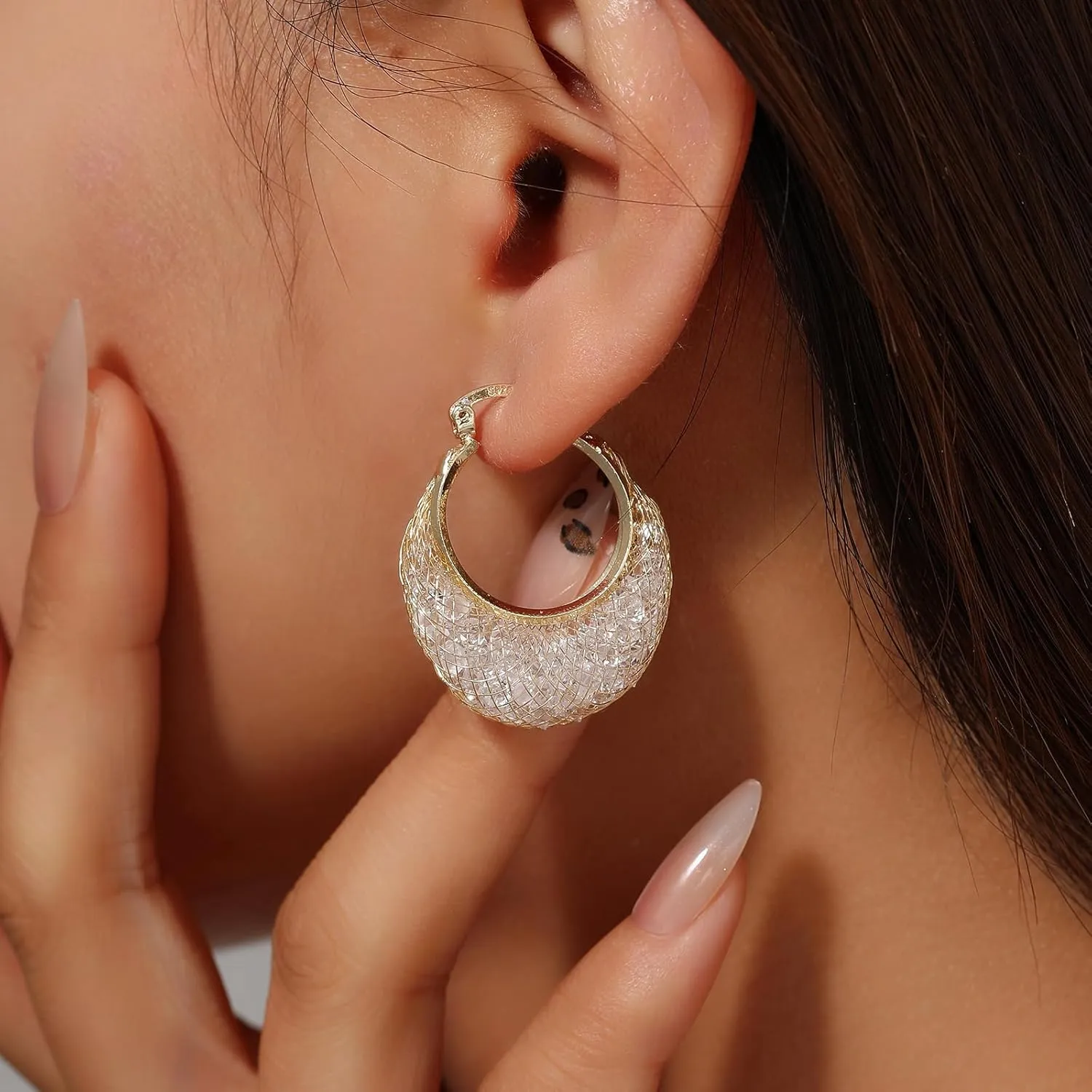 14k Gold Plated Diamond Hoop Earrings for Women, 23mm-25mm Hypoallergenic Huggie with Lightweight Cubic Zirconia in Mesh Design, 925 Sterling Silver Post