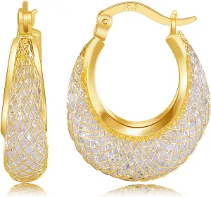 14k Gold Plated Diamond Hoop Earrings for Women, 23mm-25mm Hypoallergenic Huggie with Lightweight Cubic Zirconia in Mesh Design, 925 Sterling Silver Post