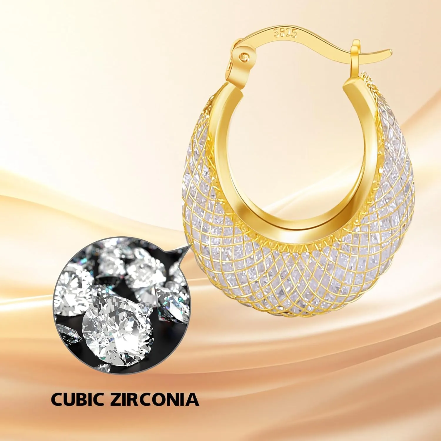 14k Gold Plated Diamond Hoop Earrings for Women, 23mm-25mm Hypoallergenic Huggie with Lightweight Cubic Zirconia in Mesh Design, 925 Sterling Silver Post