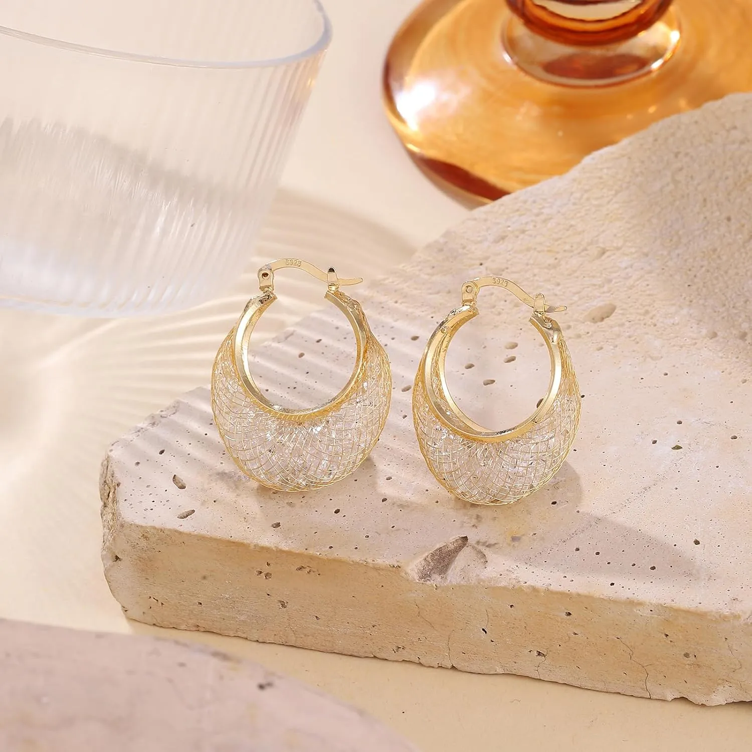 14k Gold Plated Diamond Hoop Earrings for Women, 23mm-25mm Hypoallergenic Huggie with Lightweight Cubic Zirconia in Mesh Design, 925 Sterling Silver Post