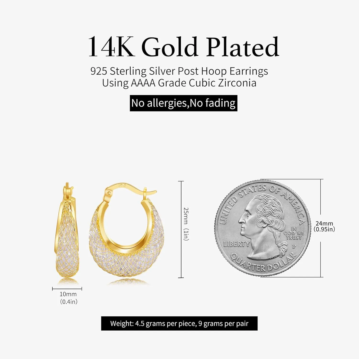 14k Gold Plated Diamond Hoop Earrings for Women, 23mm-25mm Hypoallergenic Huggie with Lightweight Cubic Zirconia in Mesh Design, 925 Sterling Silver Post