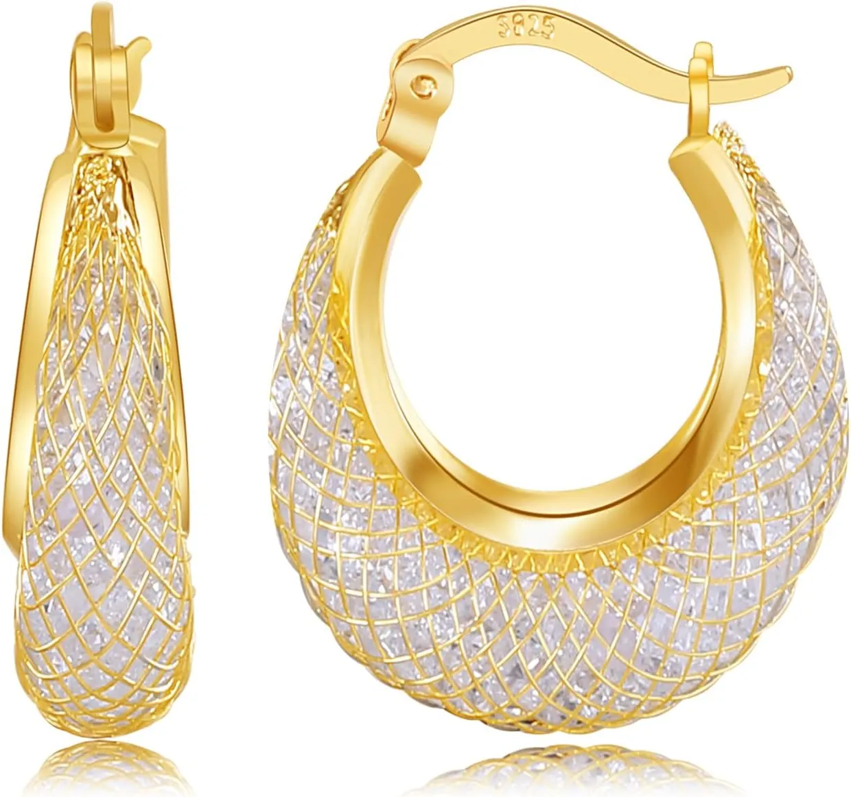 14k Gold Plated Diamond Hoop Earrings for Women, 23mm-25mm Hypoallergenic Huggie with Lightweight Cubic Zirconia in Mesh Design, 925 Sterling Silver Post