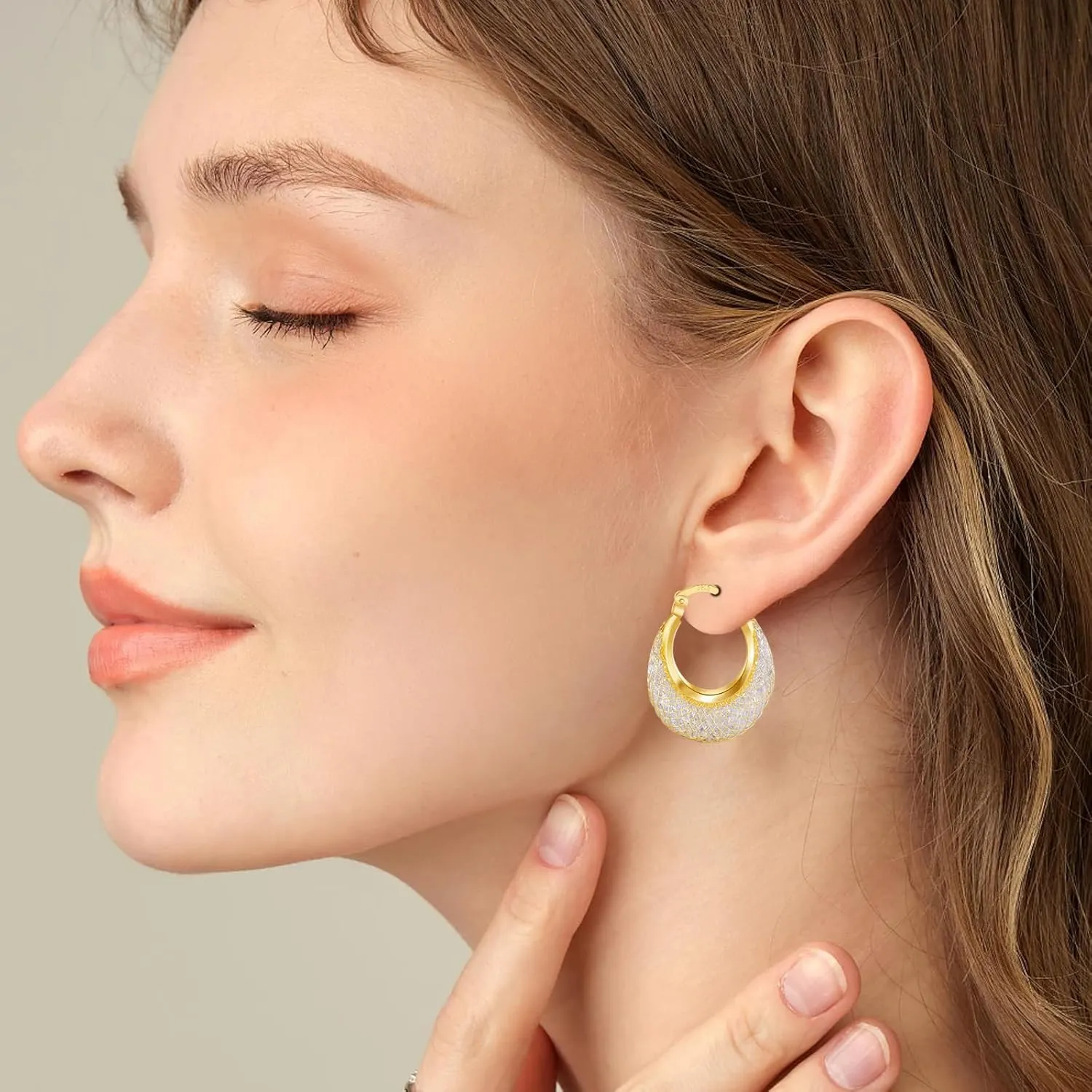 14k Gold Plated Diamond Hoop Earrings for Women, 23mm-25mm Hypoallergenic Huggie with Lightweight Cubic Zirconia in Mesh Design, 925 Sterling Silver Post