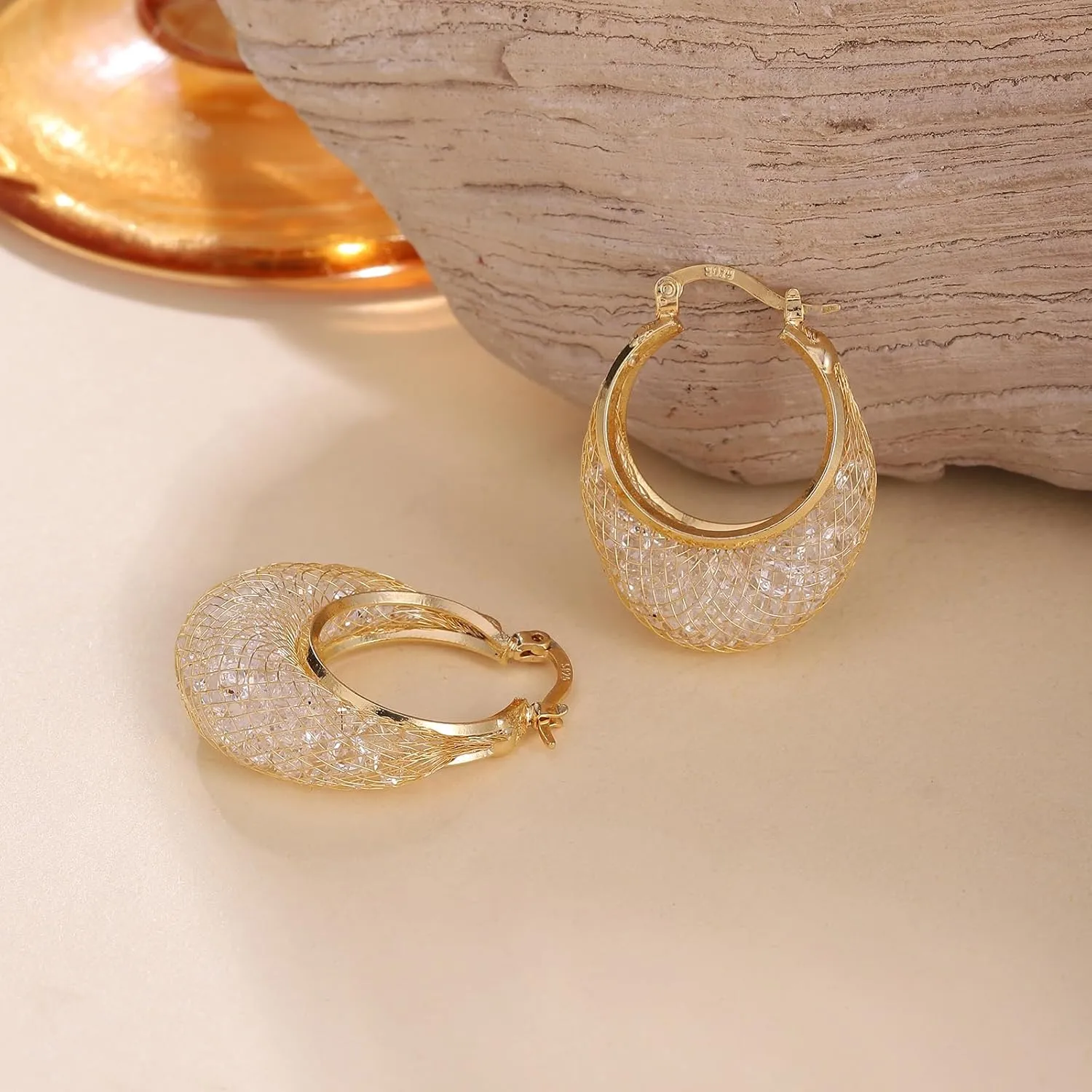 14k Gold Plated Diamond Hoop Earrings for Women, 23mm-25mm Hypoallergenic Huggie with Lightweight Cubic Zirconia in Mesh Design, 925 Sterling Silver Post
