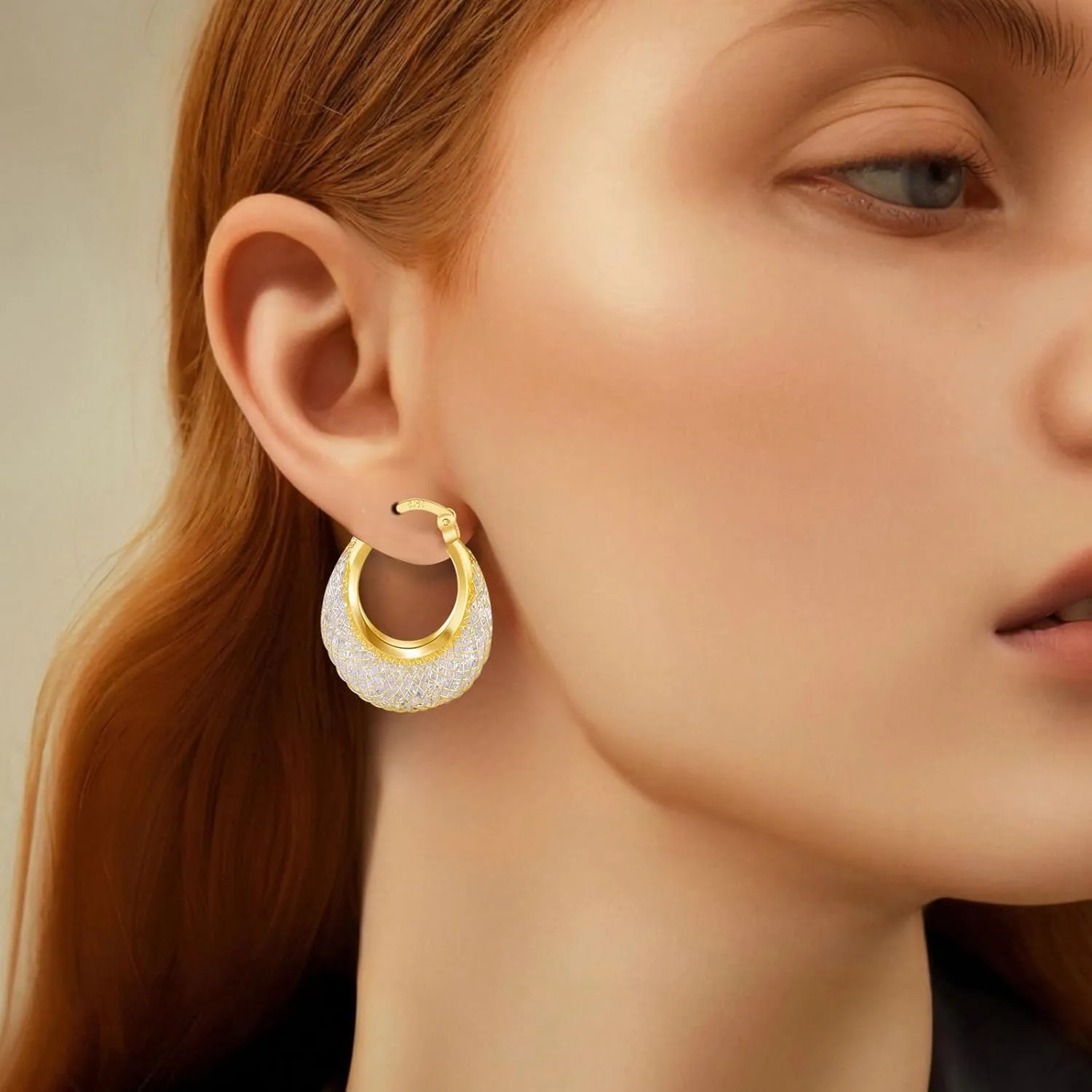 14k Gold Plated Diamond Hoop Earrings for Women, 23mm-25mm Hypoallergenic Huggie with Lightweight Cubic Zirconia in Mesh Design, 925 Sterling Silver Post