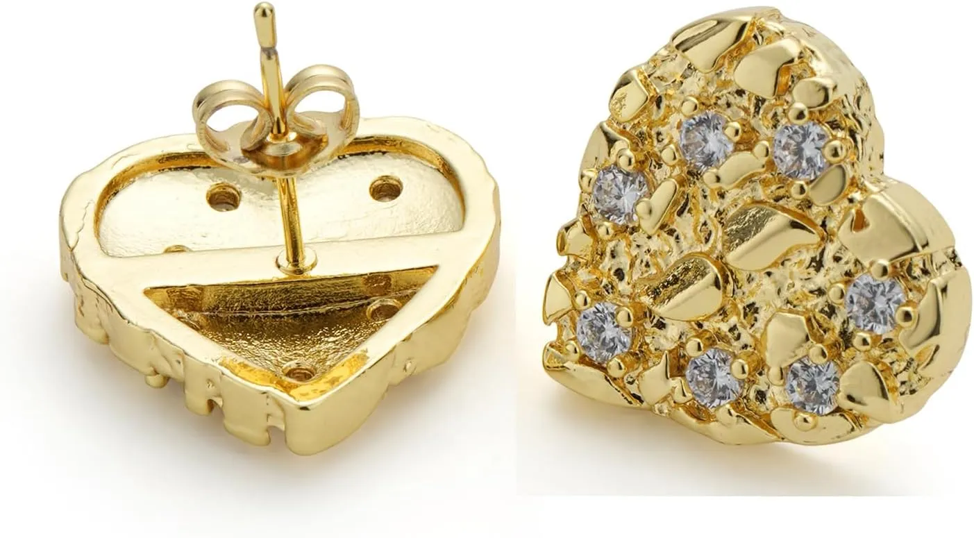 14K Gold Plated Nugget Earrings For Men,Unisex Roung Textured Cookie Nugget Stud,Cubic Zirconia Heart Shape Earrings Studs Gold