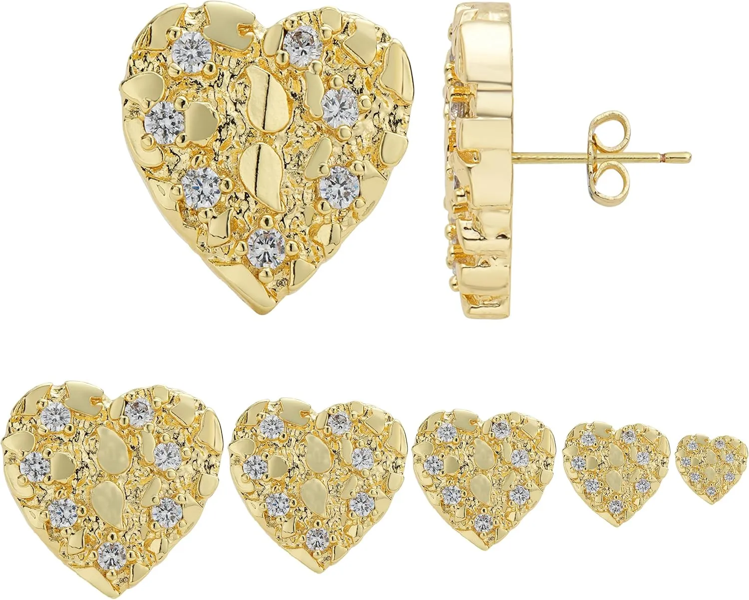 14K Gold Plated Nugget Earrings For Men,Unisex Roung Textured Cookie Nugget Stud,Cubic Zirconia Heart Shape Earrings Studs Gold
