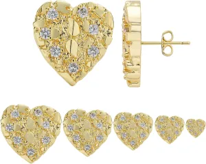 14K Gold Plated Nugget Earrings For Men,Unisex Roung Textured Cookie Nugget Stud,Cubic Zirconia Heart Shape Earrings Studs Gold