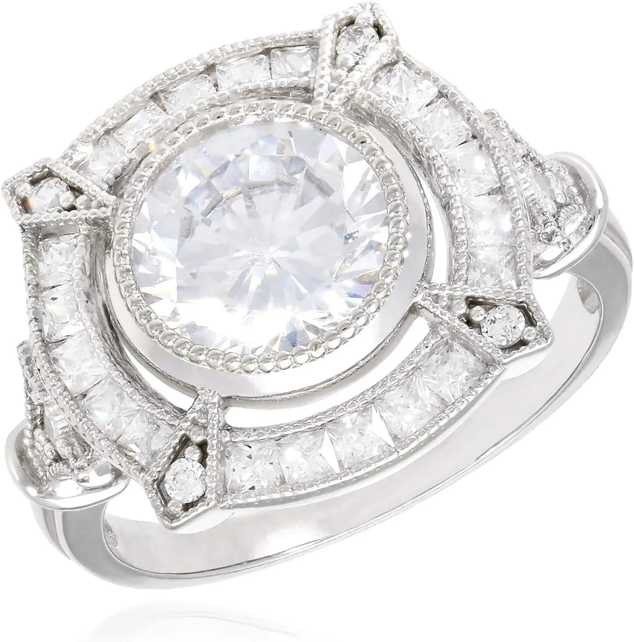 14K Gold White 2.5CTW CZ Milgrain Vintage-Style Cocktail Ring