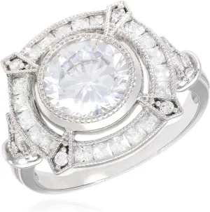 14K Gold White 2.5CTW CZ Milgrain Vintage-Style Cocktail Ring
