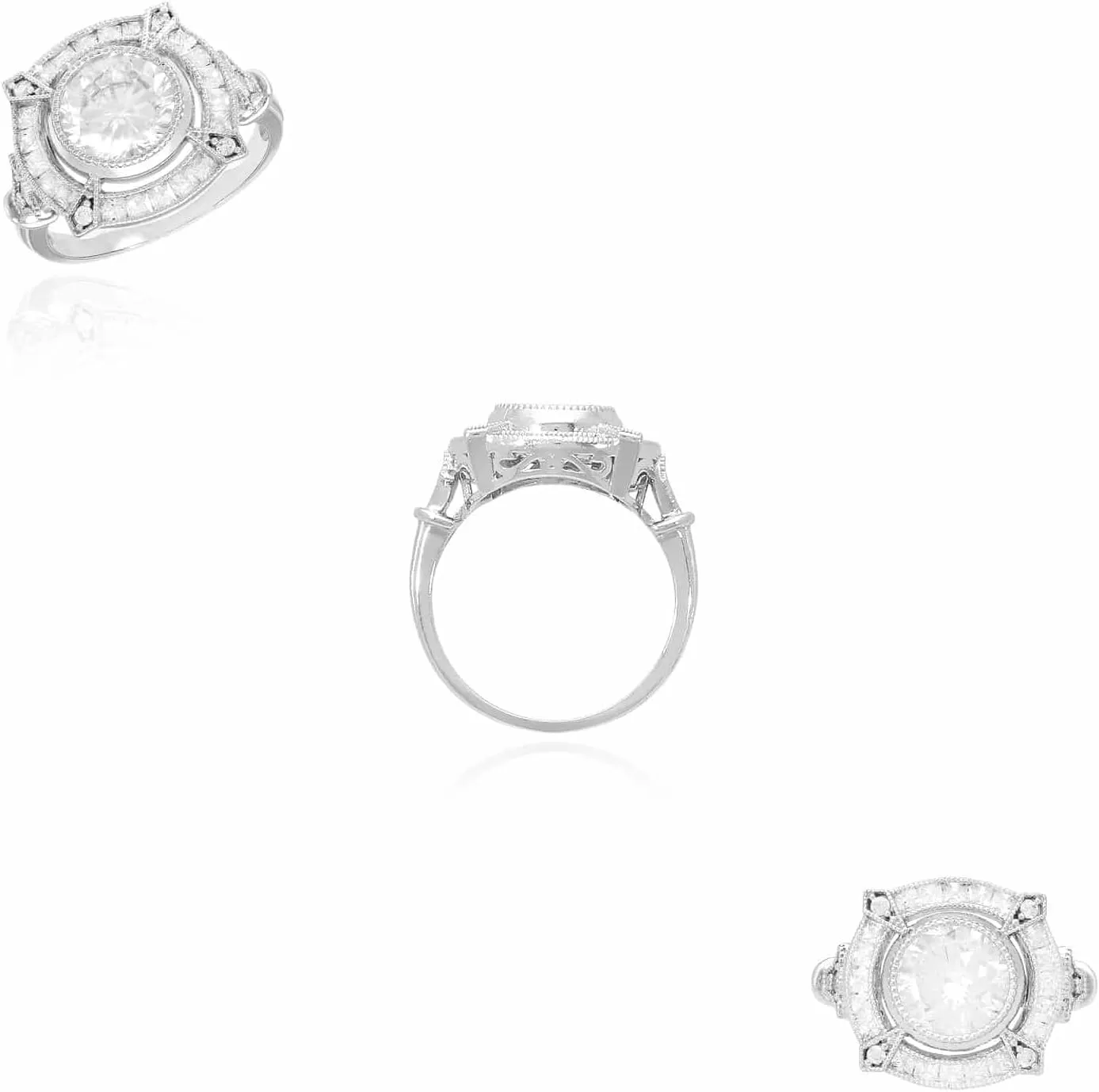 14K Gold White 2.5CTW CZ Milgrain Vintage-Style Cocktail Ring