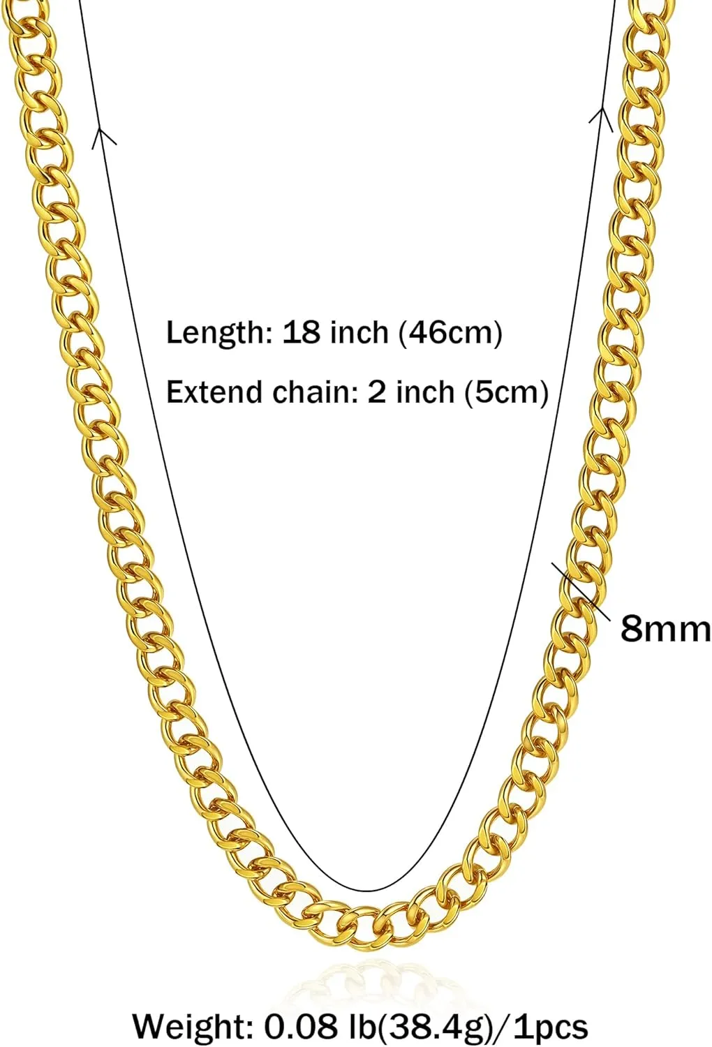 14K Gold/Silver 316L Waterproof Stainless Steel Necklace For Men, Cuban Chain, W:9mm, L:18" 2, Hypoallergenic Jewelry Anniversary Birthday Gifts Friends