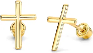 14k REAL Yellow Gold Cross Stud Earrings with Screw Back