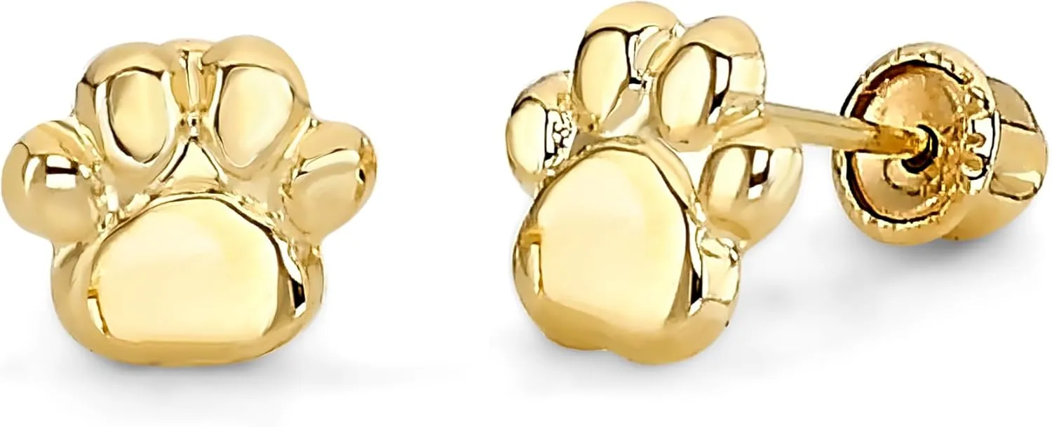 14k REAL Yellow Gold Paw Stud Earrings with Screw Back
