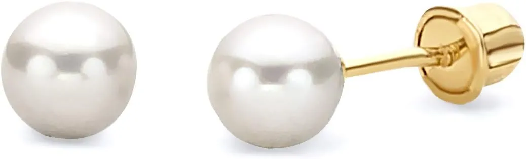 14k REAL Yellow OR White Gold Freshwater Cultured Pearl Stud Earrings with Screw Back- 3 Different Size Avilable