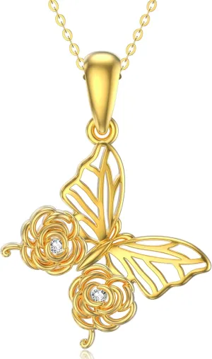14K Solid Gold Butterfly Necklace for Women Rose-shaped Wings Butterfly Pendant Necklace 14Kt Real Yellow Gold Butterfly Necklace with Moissanite Butterfly Jewelry for Women 16"-18"
