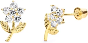 14k Yellow Gold Flower CZ Stud Earrings with Screwback