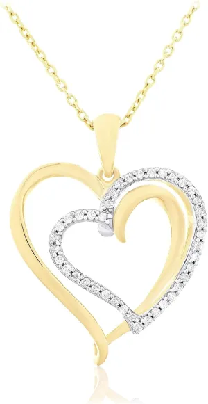 14K Yellow Gold Plated .925 Sterling Silver 1/5 Cttw Diamond Two Overlapping Intertwined Open Hearts Pendant Necklace - 20 (I-J Color, I2-I3 Clarity)
