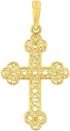 14k Yellow Gold Textured Filigree Eastern Orthodox Cross Pendant (Medium)