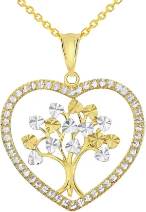 14k Yellow Gold Textured Two Tone Tree of Life Inside Heart Pendant Necklace