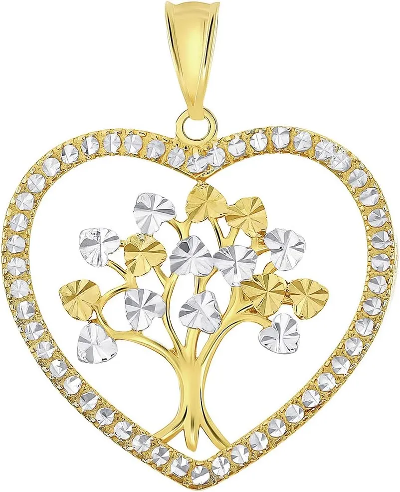 14k Yellow Gold Textured Two Tone Tree of Life Inside Heart Pendant Necklace