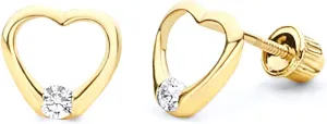 14k Yellow OR White Gold Open Heart Stud Earrings with Screw Back