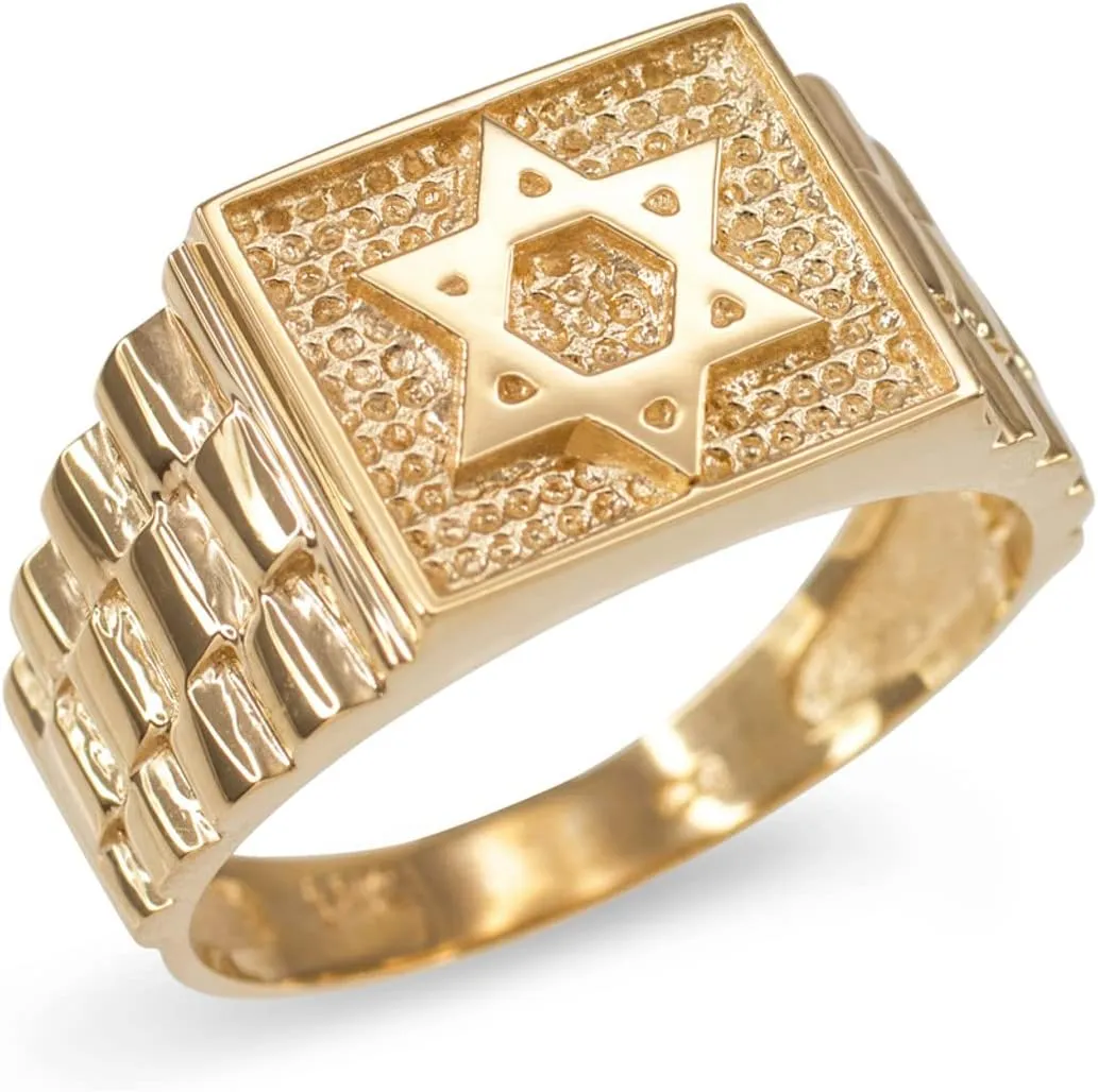14K Yellow, White, and Rose Gold Textured Jewish Star of David Band Style Statement Ring for Men