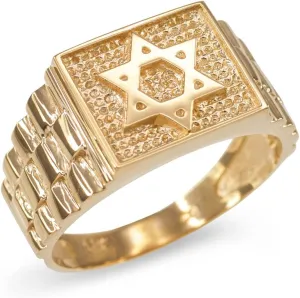 14K Yellow, White, and Rose Gold Textured Jewish Star of David Band Style Statement Ring for Men