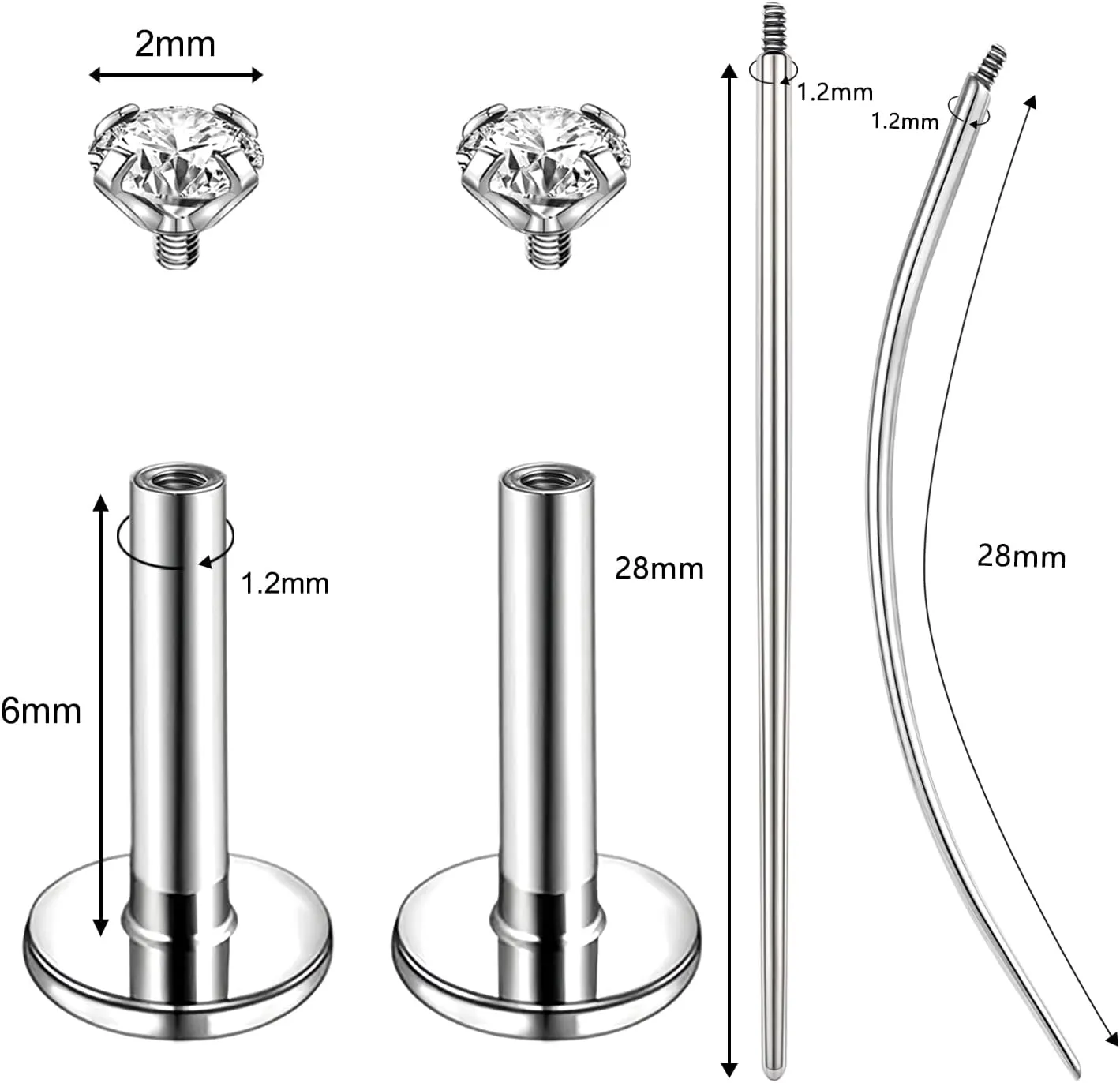 16g/18g Internal Thread CZ Stud Piercing Jewelry Surgical Steel Tragus Monroe Lip Helix Cartilage Earrings Studs for Women Men