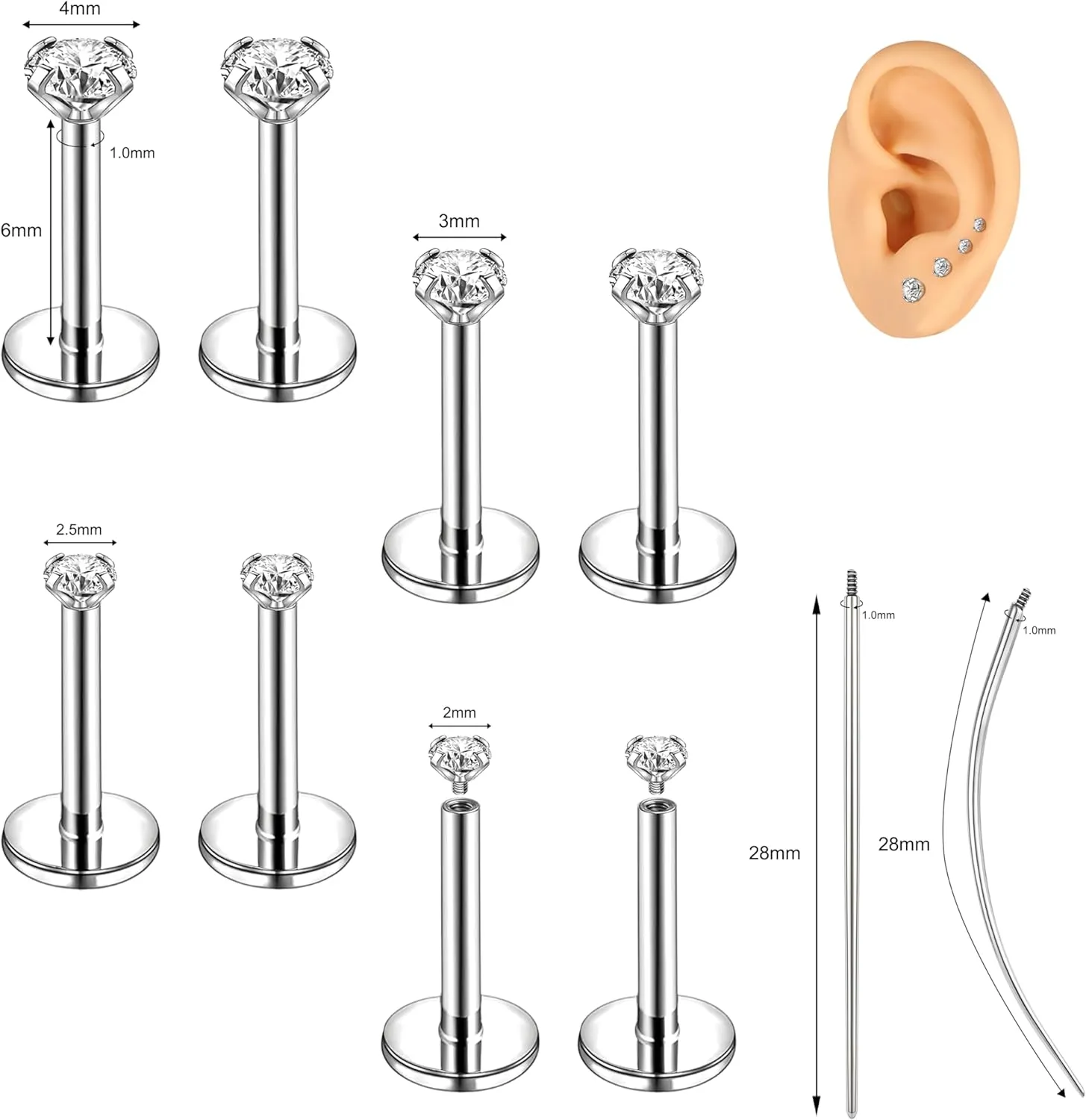 18G/16G Labret Jewelry Surgical Steel Internal Thread CZ Stud Lip Nose Piercing Studs Flat Back Medusa Monroe Lip Cartilage Earring Piercing Jewelry, 2/2.5/3/4mm CZ
