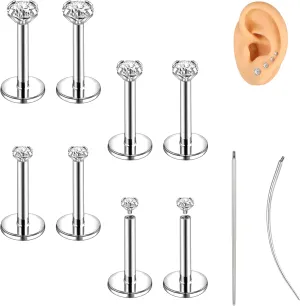 18G/16G Labret Jewelry Surgical Steel Internal Thread CZ Stud Lip Nose Piercing Studs Flat Back Medusa Monroe Lip Cartilage Earring Piercing Jewelry, 2/2.5/3/4mm CZ