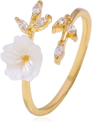 18K Gold Double Leaf Ring - Silver & Rose Gold Leaves, Laurel & White Shell Flower Opening, Dainty Zircon Crystal, Adjustable Finger Ring for Women