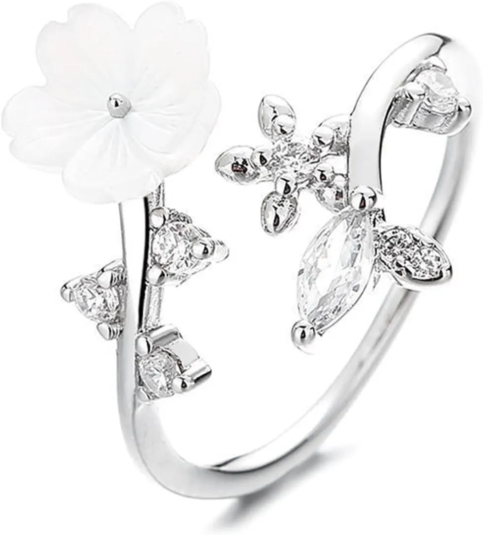 18K Gold Double Leaf Ring - Silver/Rose Gold Laurel Design With White Shell Flower and Zircon Crystal - Adjustable Dainty Finger Ring for Women
