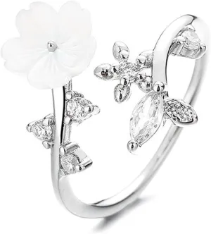 18K Gold Double Leaf Ring - Silver/Rose Gold Laurel Design With White Shell Flower and Zircon Crystal - Adjustable Dainty Finger Ring for Women