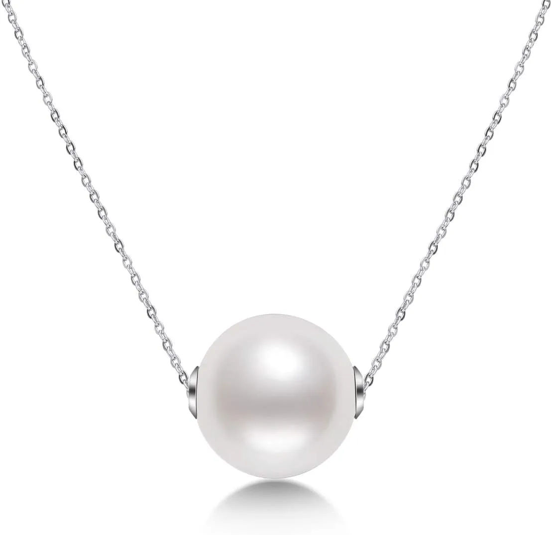 18K Gold White Pearl Pendant Necklace 9.5-10mm Freshwater Cultured Single Pearl Necklace Gifts for Women Wife Mom Valentines Day - White Gold/Yellow Gold