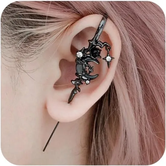 1Pcs Myth Ear Hook Needle Piercing Earring for Women - Creative Moon Star Earring Fashion Ear Wrap Climber Stud Gothic Punk Halloween Jewelry Gift