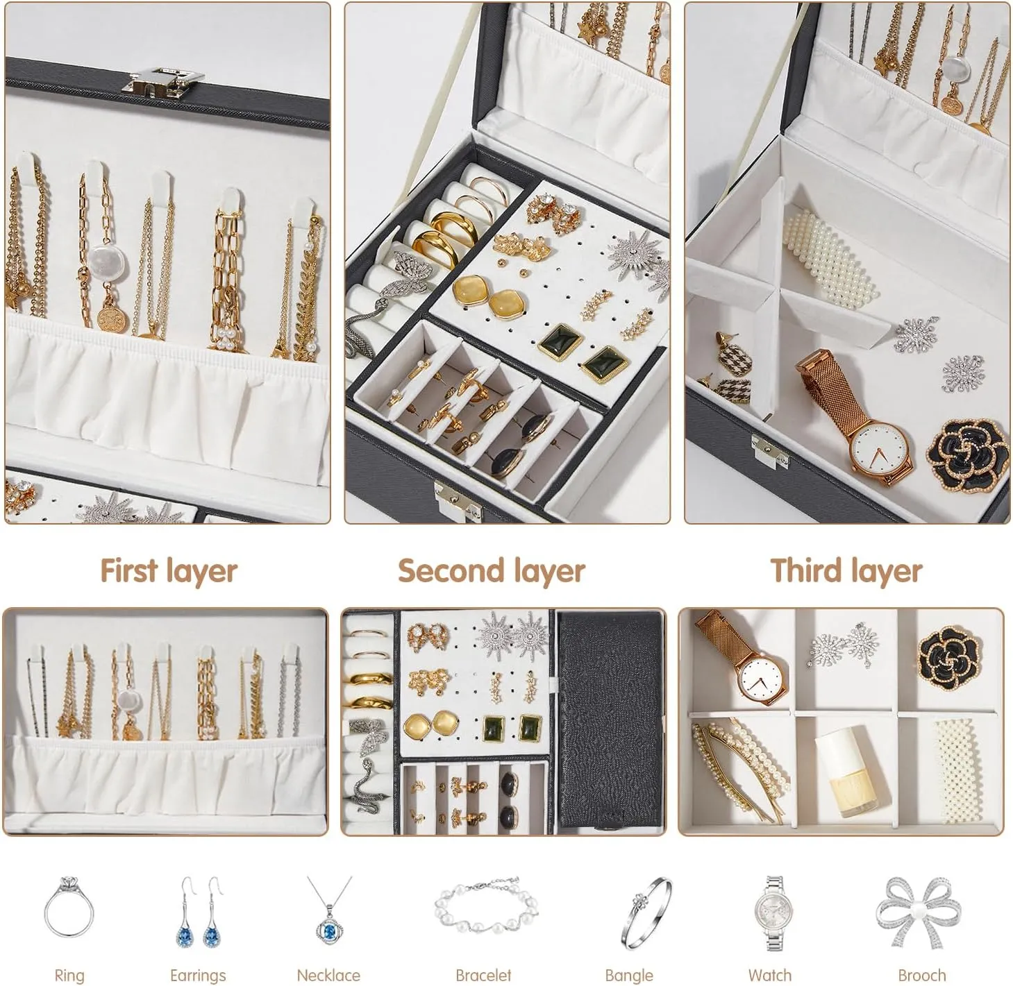 2 Layers Jewelry Box with Travel Jewelry Organizer Case for Women Girls, PU Leather Portable Jewelry Storage Holder Display for Earrings, Rings, Necklaces, Bracelets, Black