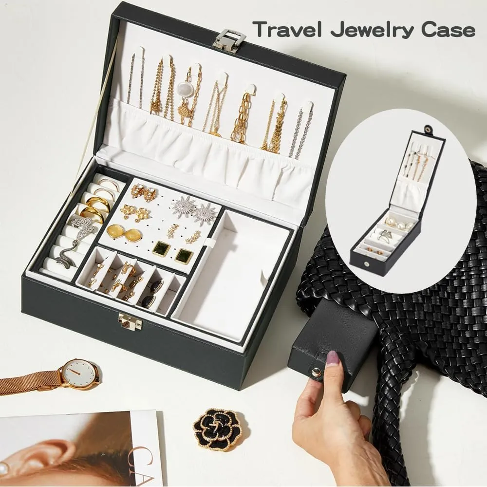 2 Layers Jewelry Box with Travel Jewelry Organizer Case for Women Girls, PU Leather Portable Jewelry Storage Holder Display for Earrings, Rings, Necklaces, Bracelets, Black