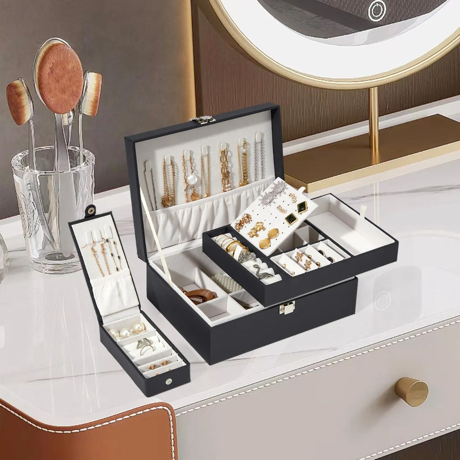2 Layers Jewelry Box with Travel Jewelry Organizer Case for Women Girls, PU Leather Portable Jewelry Storage Holder Display for Earrings, Rings, Necklaces, Bracelets, Black