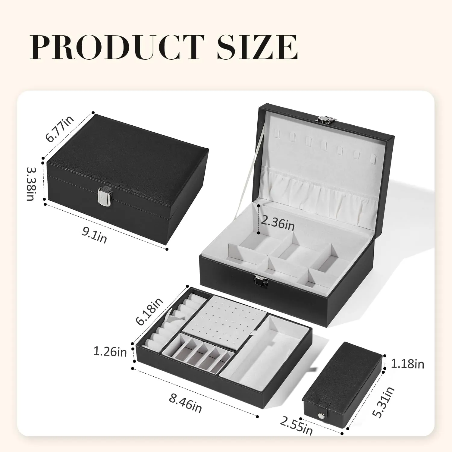 2 Layers Jewelry Box with Travel Jewelry Organizer Case for Women Girls, PU Leather Portable Jewelry Storage Holder Display for Earrings, Rings, Necklaces, Bracelets, Black