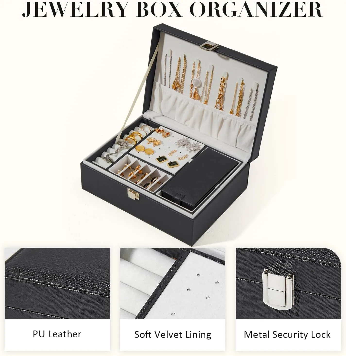 2 Layers Jewelry Box with Travel Jewelry Organizer Case for Women Girls, PU Leather Portable Jewelry Storage Holder Display for Earrings, Rings, Necklaces, Bracelets, Black
