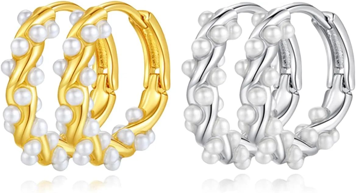 2 Pairs Shell Pearl Twisted Hoop Earrings for Women Silver Gold Plated Small Huggie Hoops Pearls Cartilage Earring Lightweight Wedding Bridal Jewelry