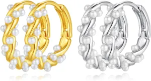 2 Pairs Shell Pearl Twisted Hoop Earrings for Women Silver Gold Plated Small Huggie Hoops Pearls Cartilage Earring Lightweight Wedding Bridal Jewelry